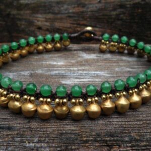 Infinityee888 Trendy Fashion Anklet Green Jade and Brass Bell Ankle Bracelet 10 Inches Woven with Wax Cord Beautiful Handmade Hippie Bohemian Style