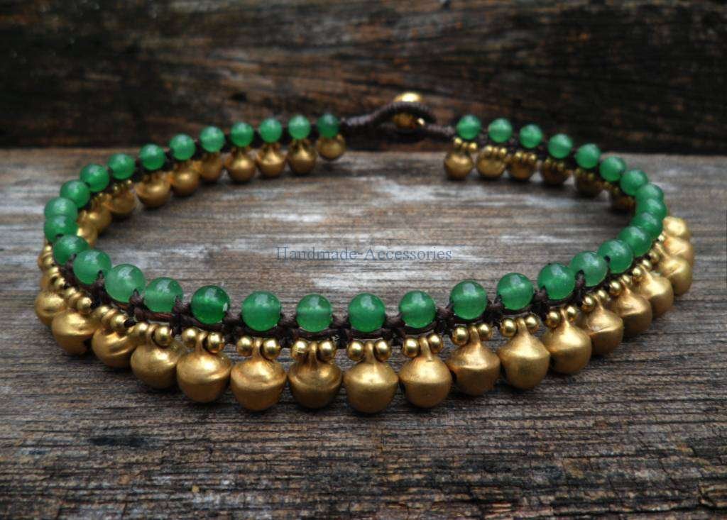 Infinityee888 Trendy Fashion Anklet Green Jade and Brass Bell Ankle Bracelet 10 Inches Woven with Wax Cord Beautiful Handmade Hippie Bohemian Style