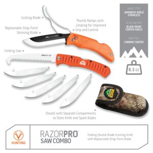 OUTDOOR EDGE RazorPro Double Blade Folding Hunting Knife & Filp N' Zip Bone Saw - Hunting Knife Features a Gutting Blade & Replaceable RazorSafe Skinning Blade. Includes Camo Nylon Sheath