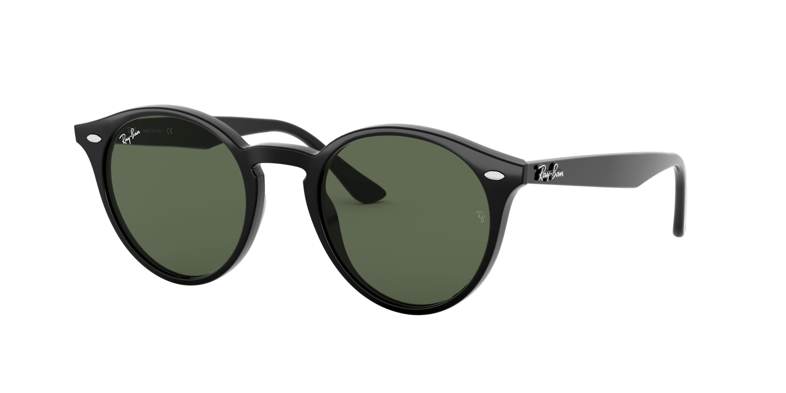 Ray-Ban RB2180F Low Bridge Fit Round Sunglasses, Black/Dark Green, 49 mm