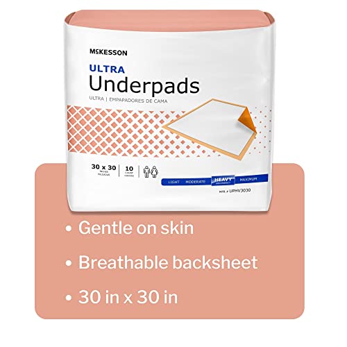 McKesson Ultra Underpads, Incontinence Bed Pads, Heavy Absorbency, 30 in x 30 in, 100 Count