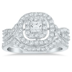 Certified 1 Carat TW Double Row Halo Princess Diamond Bridal Set in 10K White Gold (K-L Color, I2-I3 Clarity) - Size: 7.0