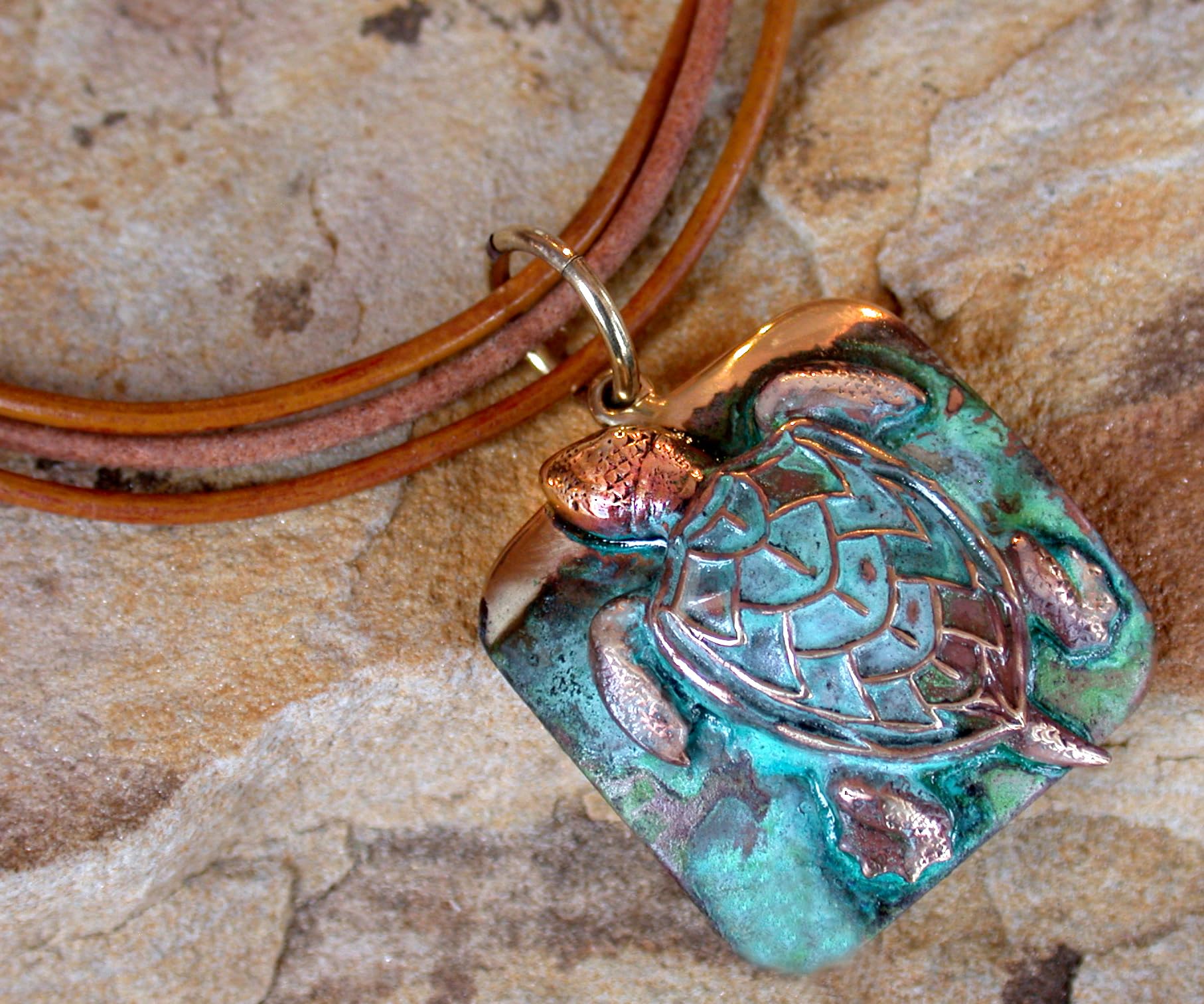 Elaine Coyne Collectible Artwear Verdigris Patina Solid Brass Large Sea Turtle Pendant on Triple Rawhide - USA Made