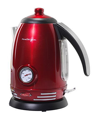 Nostalgia RWK150 Stainless Steel Electric Water Kettle, Holds 1.7 Liters, Auto-Shut Off & Boil-Dry Protection, 360-Degree Rotating Base, Water Level Indicator Window, Perfect For Tea, retro red