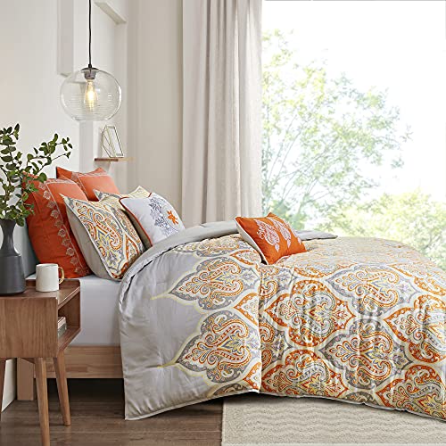 Madison Park Nisha Sateen Cotton Comforter Set, Breathable, Soft Cover, Trendy, All Season Down Alternative Cozy Bedding with Matching Shams, Full/Queen, Orange 7 Piece