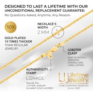 LIFETIME JEWELRY 2mm Gold Rope Chain for Men & Women 24k Real Gold Plated Diamond Cut Gold Necklace for Women & Necklace for Men 14 to 36 Inch | Gold | White Gold (16 inches, Gold)