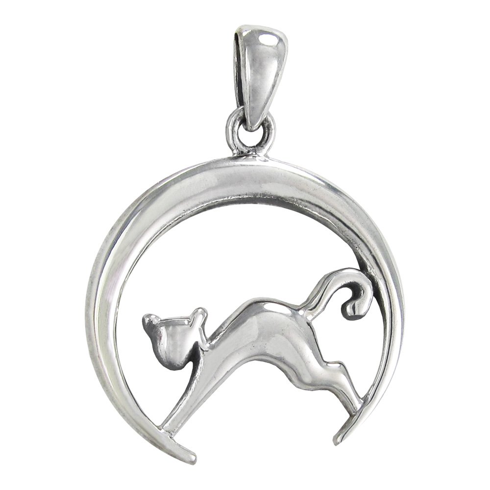 Moonlight Mysteries Sterling Silver Cat and Crescent Moon Pendant