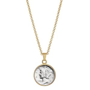 American Coin Treasures Silver Mercury Dime Goldtone Coin Pendant with 18" Chain Necklace - Authentic and Elegant Keepsake Jewelry for Women | White Luxury Gift Box Included