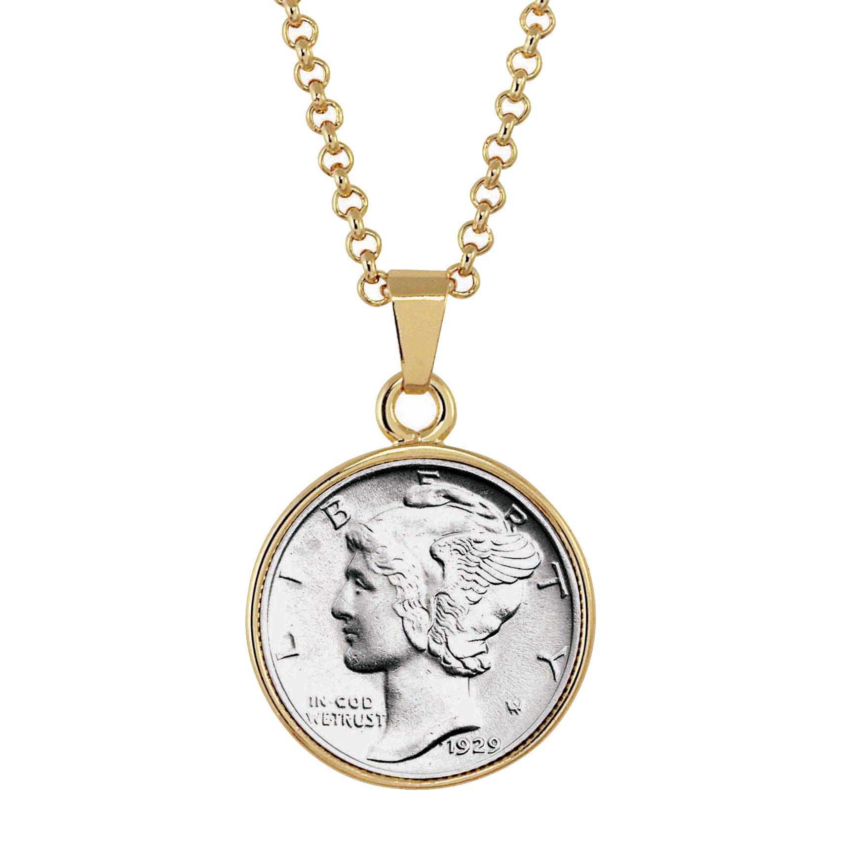 American Coin Treasures Silver Mercury Dime Goldtone Coin Pendant with 18" Chain Necklace - Authentic and Elegant Keepsake Jewelry for Women | White Luxury Gift Box Included