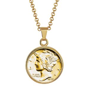 American Coin Treasures Gold-Layered Silver Mercury Dime Goldtone Coin Pendant with 18" Chain Necklace - Genuine and Elegant Keepsake Jewelry for Women | White Luxury Gift Box Included