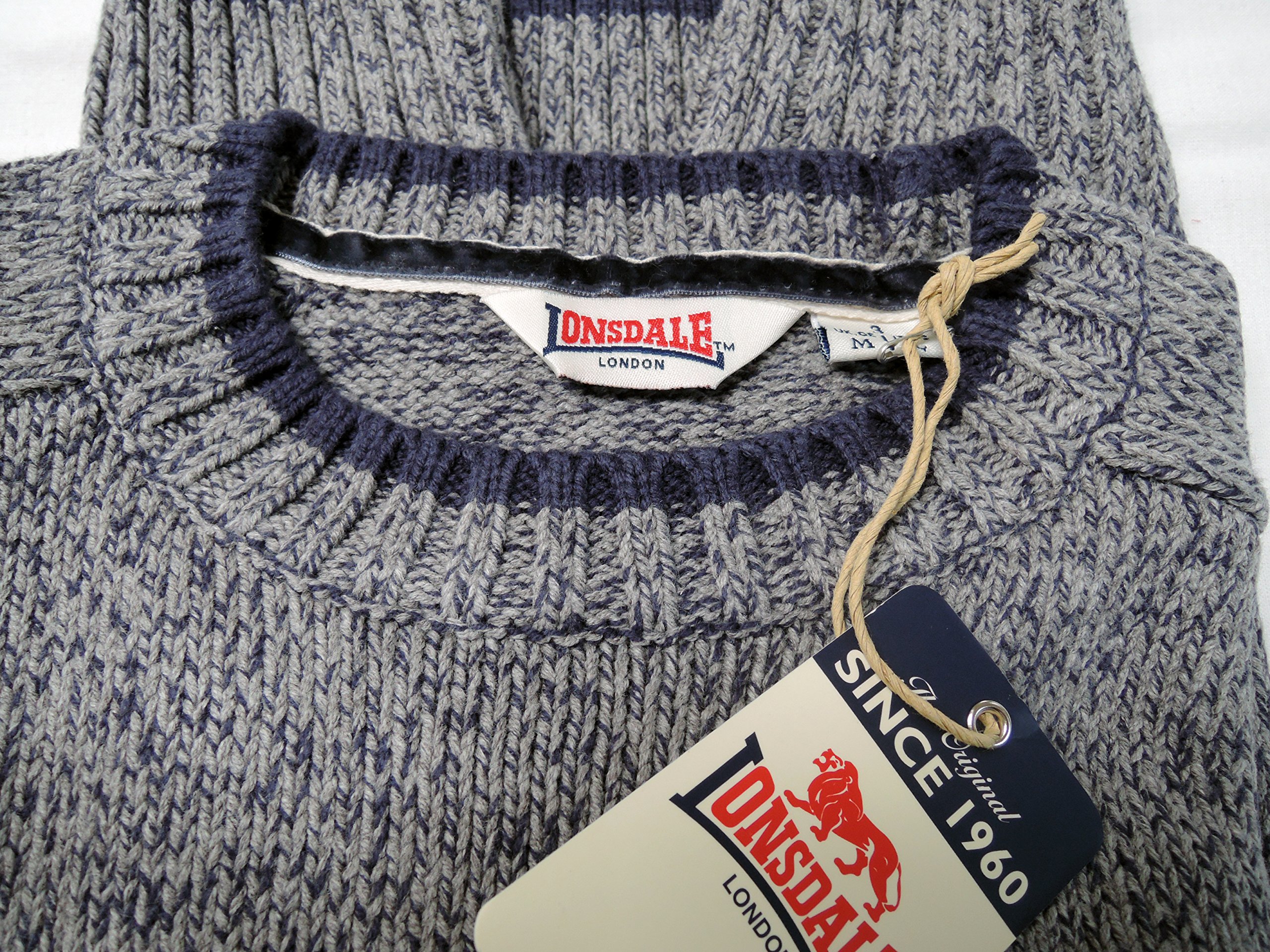 Lonsdale Men´s Regular-Fit Knitted Sweater Pullover Grey with Blue (XX-Large (2XL))