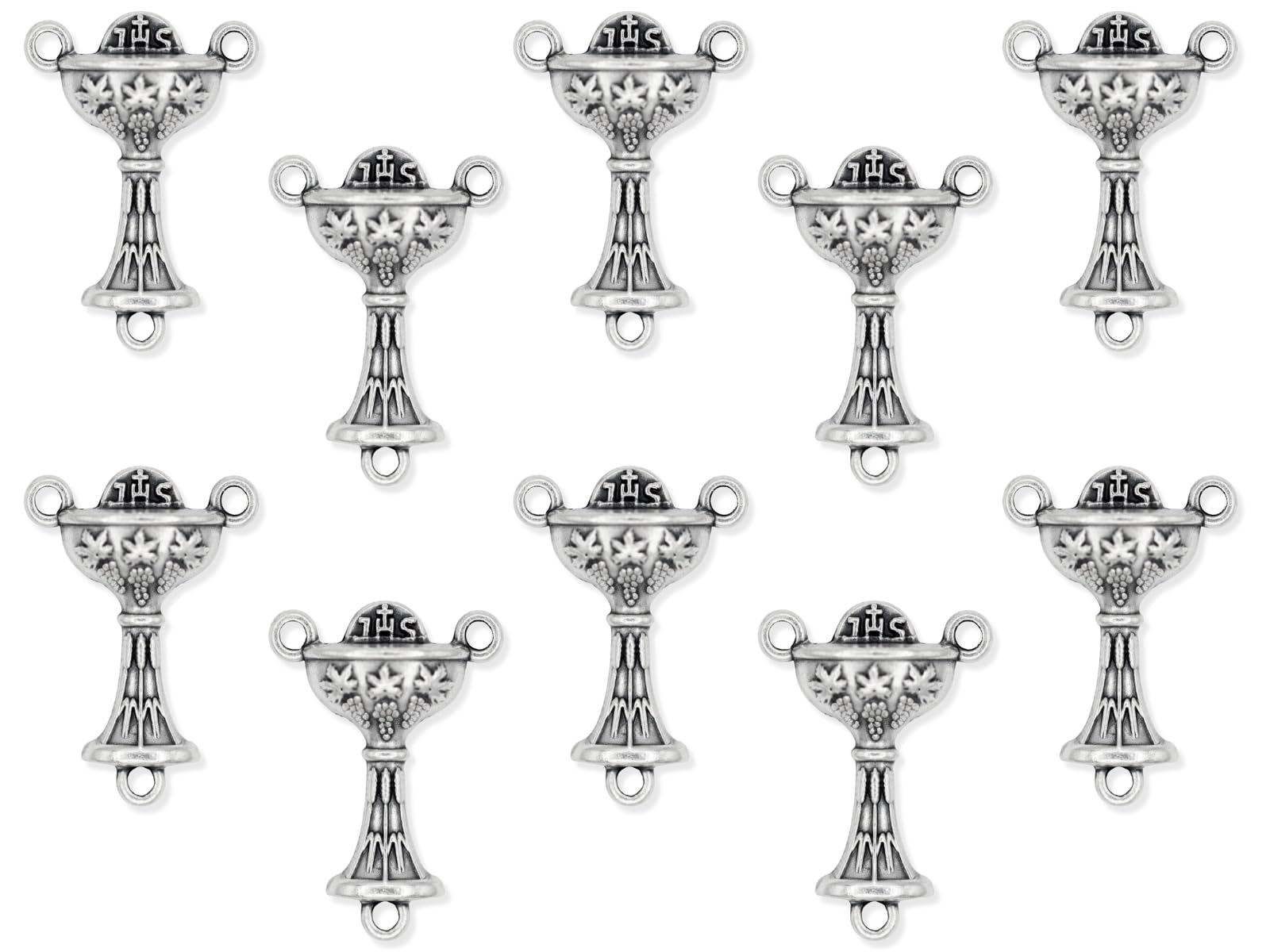 Pack of 10 - First Holy Communion Chalice Sacrament Rosary Center Piece Rosary Connector, 7/8" Silver Oxidized - Made in Italy