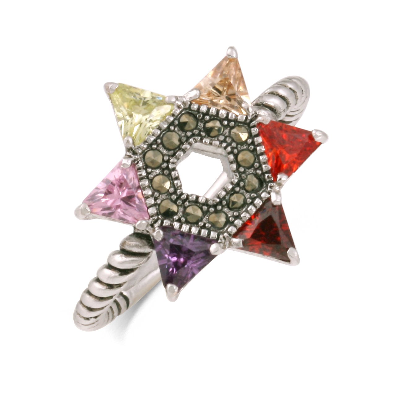 JanKuo Jewelry Rhodium Plated Multicolor Cubic Zirconia Jewish Star of David Twisted Rope Ring (9)