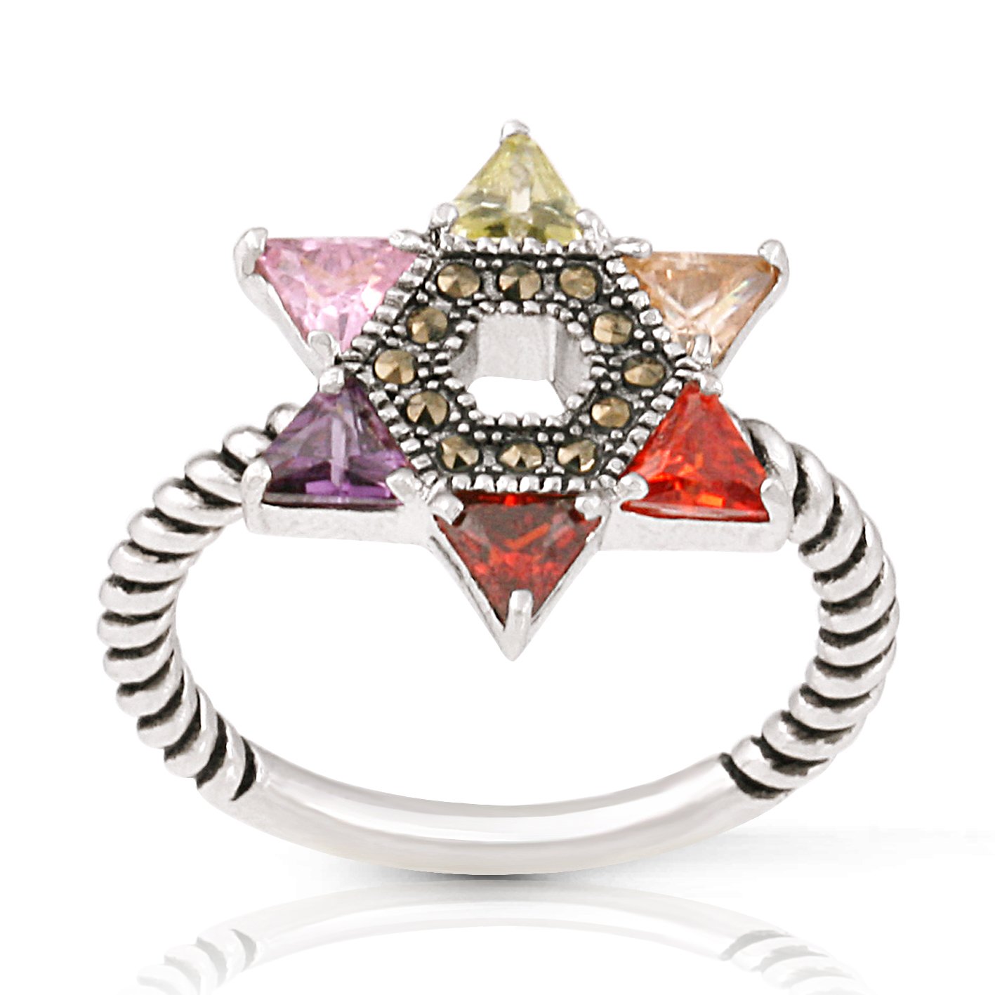 JanKuo Jewelry Rhodium Plated Multicolor Cubic Zirconia Jewish Star of David Twisted Rope Ring (9)