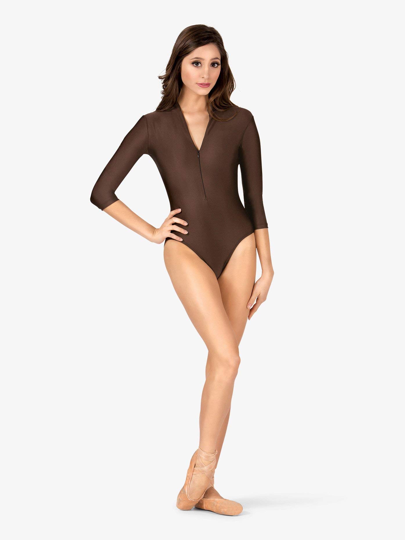 Natalie Dancewear Womens 3/4 Sleeve Zip Front Leotard Black S N8733