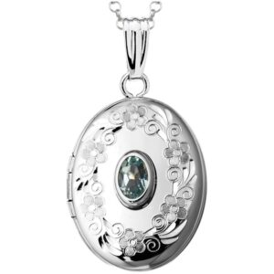 FJC Finejewelers Sterling Silver Oval Locket Pendant Necklace with Genuine Aquamarine March Birthstone