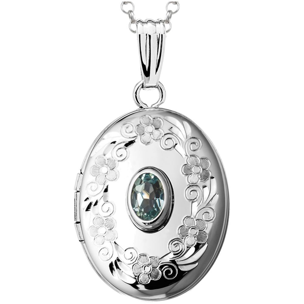 FJC Finejewelers Sterling Silver Oval Locket Pendant Necklace with Genuine Aquamarine March Birthstone