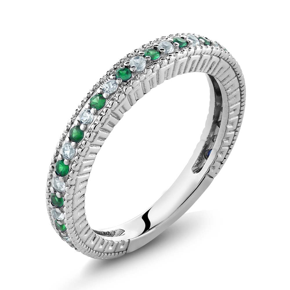 Gem Stone King 925 Sterling Silver Green Simulated Emerald and White Created Sapphire Ring | Anniversary Wedding Band Ring For Women | 0.48 Cttw | Available In Size 5, 6, 7, 8, 9