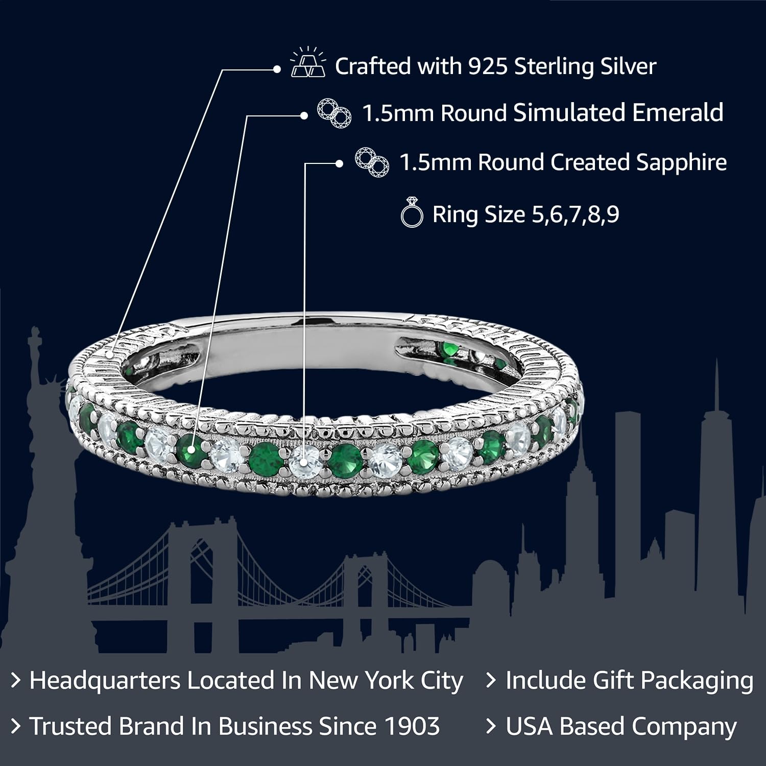 Gem Stone King 925 Sterling Silver Green Simulated Emerald and White Created Sapphire Ring | Anniversary Wedding Band Ring For Women | 0.48 Cttw | Available In Size 5, 6, 7, 8, 9