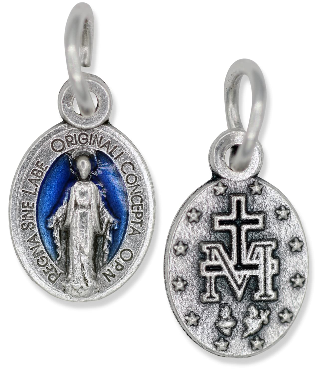 Caritas et Fides Pack of 10 - Mini Miraculous Medal Pendant for Charm Bracelet or Necklace, 1/2" Silver and Blue, Small - Made in Italy