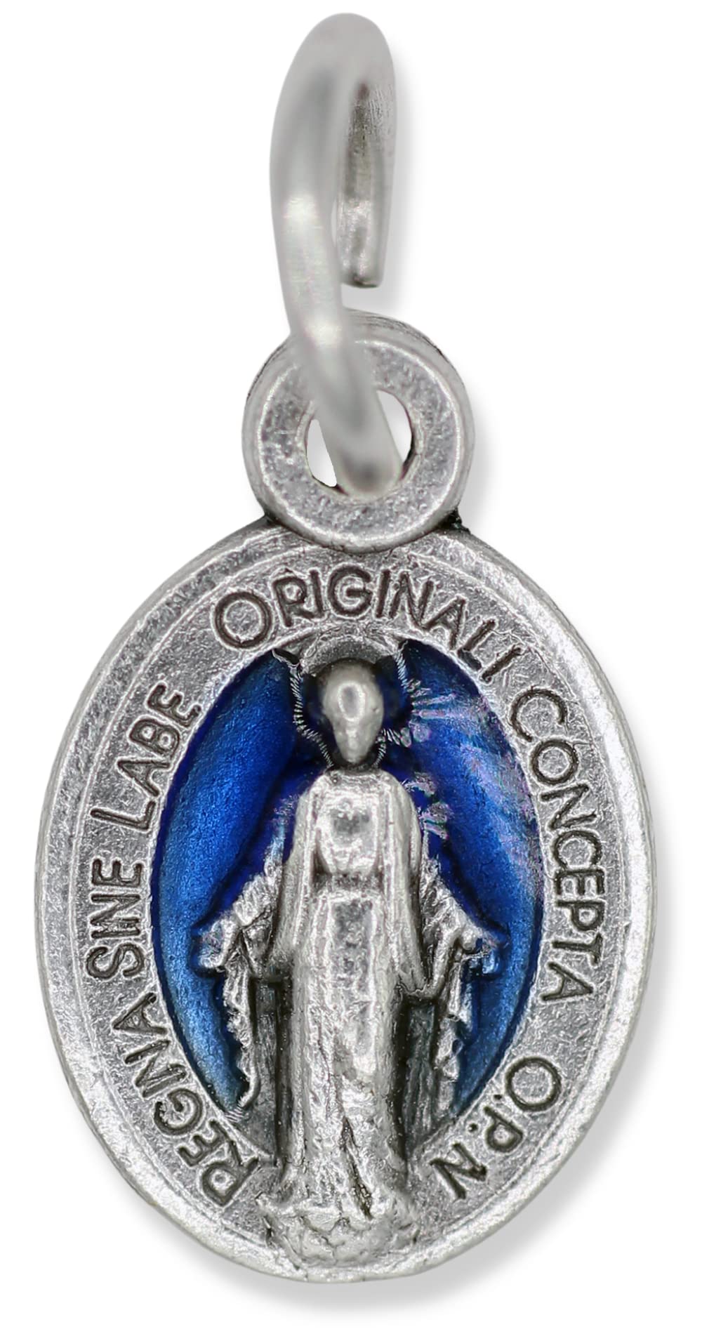 Caritas et Fides Pack of 10 - Mini Miraculous Medal Pendant for Charm Bracelet or Necklace, 1/2" Silver and Blue, Small - Made in Italy