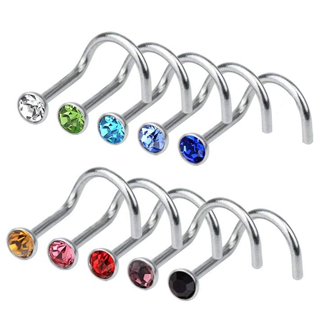 Rbenxia 20G 316L Nose Studs Rings 2.2MM Rhinestone Stainless Steel Nose Body Piercing Rings 10 Pcs Random Color for Unisex