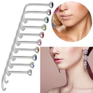 Rbenxia 20G 316L Nose Studs Rings 2.2MM Rhinestone Stainless Steel Nose Body Piercing Rings 10 Pcs Random Color for Unisex