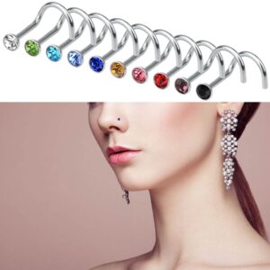 Rbenxia 20G 316L Nose Studs Rings 2.2MM Rhinestone Stainless Steel Nose Body Piercing Rings 10 Pcs Random Color for Unisex