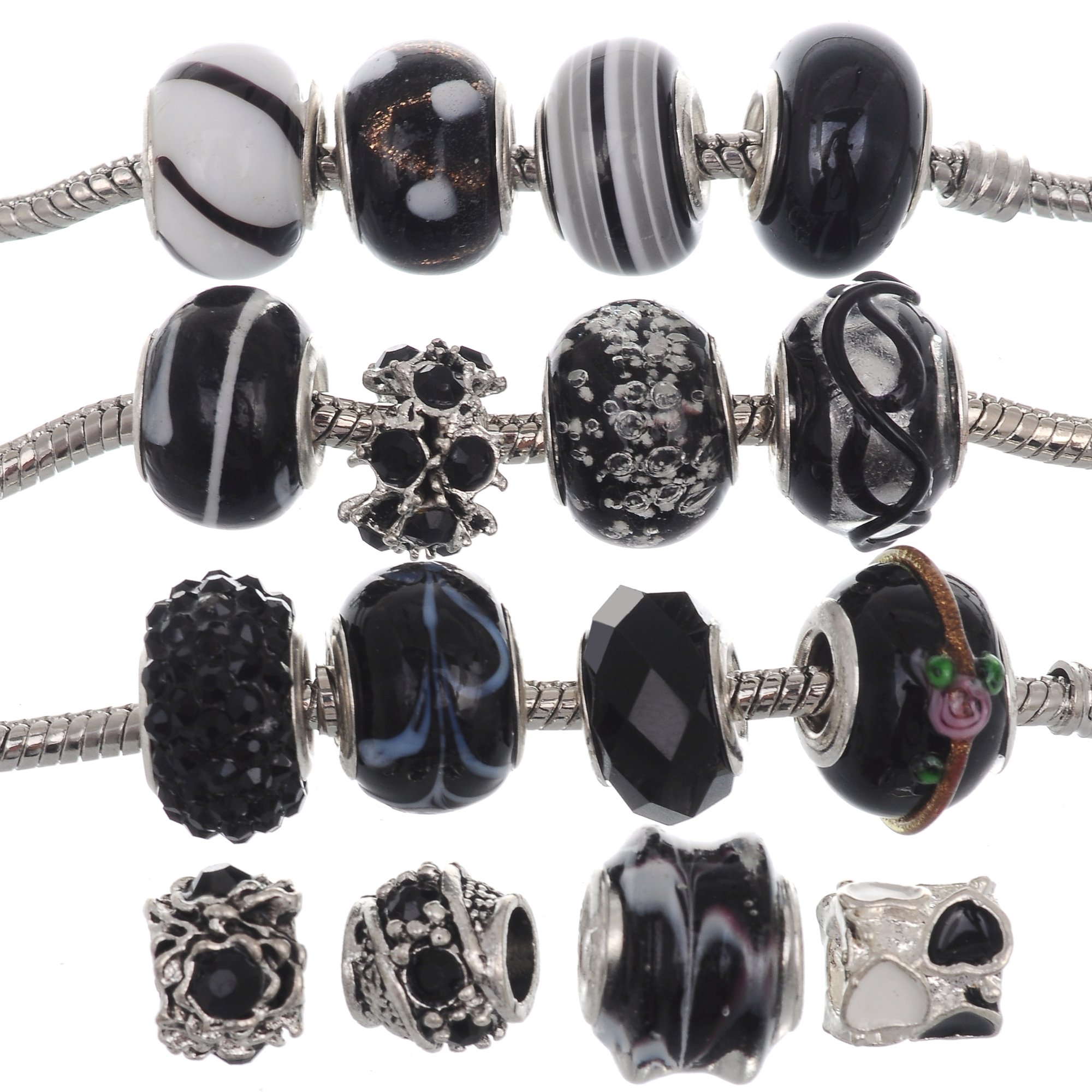 RUBYCA Murano Lampwork Charm Glass Beads Tibetan Crystal European Bracelet Mix Assortment Black 15Pcs