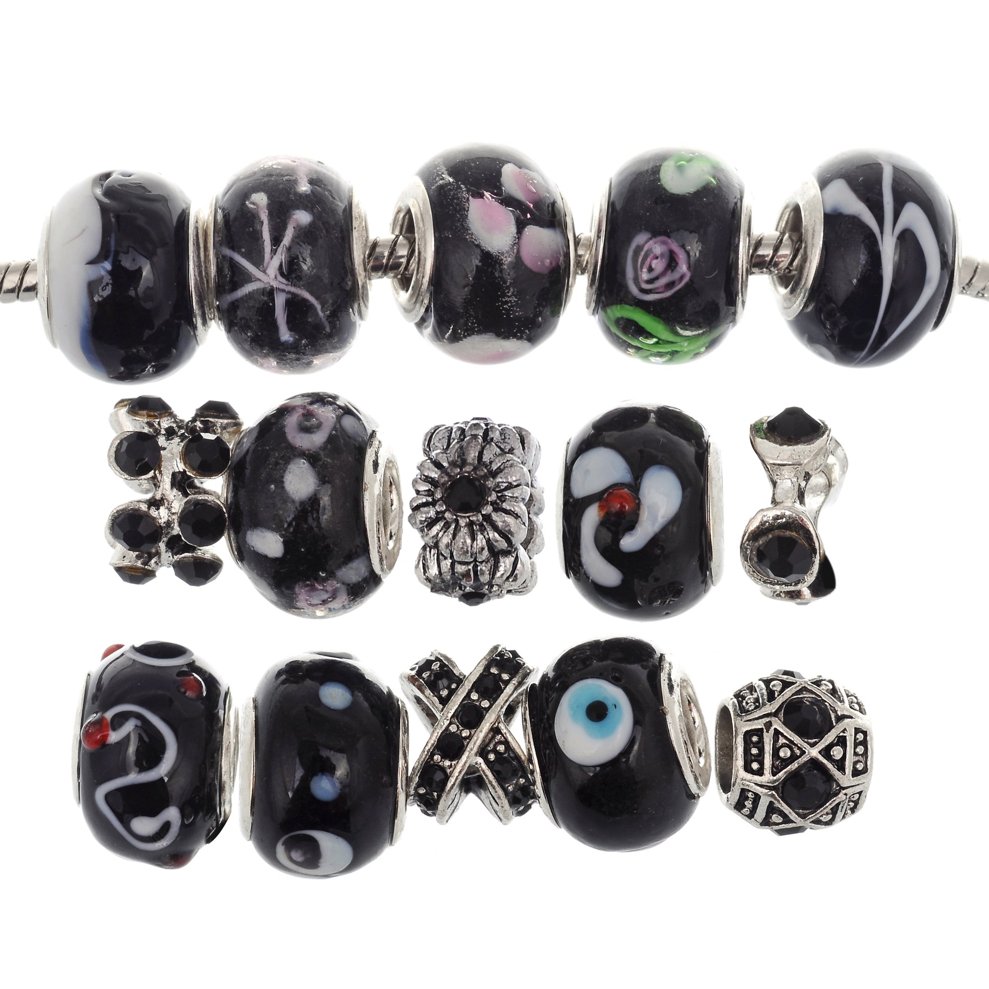 RUBYCA Murano Lampwork Charm Glass Beads Tibetan Crystal European Bracelet Mix Assortment Black 15Pcs