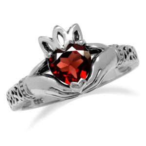 Silvershake Natural Heart Shape Garnet 925 Sterling Silver Irish Claddagh and Triquetra Celtic Knot Ring Size 5