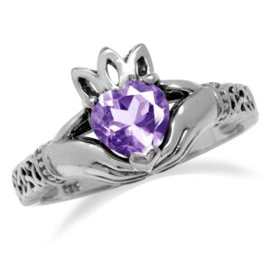 Silvershake Natural Heart Shape Amethyst 925 Sterling Silver Irish Claddagh and Triquetra Celtic Knot Ring Size 5