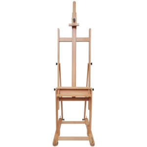 Mont Marte Tilting Studio Wooden Floor Easel. Height Adjustable Extra Large H-Frame Featuring a Large Tilt Range. Castor Wheels Allow Easy Movement and Can Be Locked into Place.