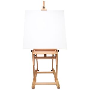 Mont Marte Tilting Studio Wooden Floor Easel. Height Adjustable Extra Large H-Frame Featuring a Large Tilt Range. Castor Wheels Allow Easy Movement and Can Be Locked into Place.