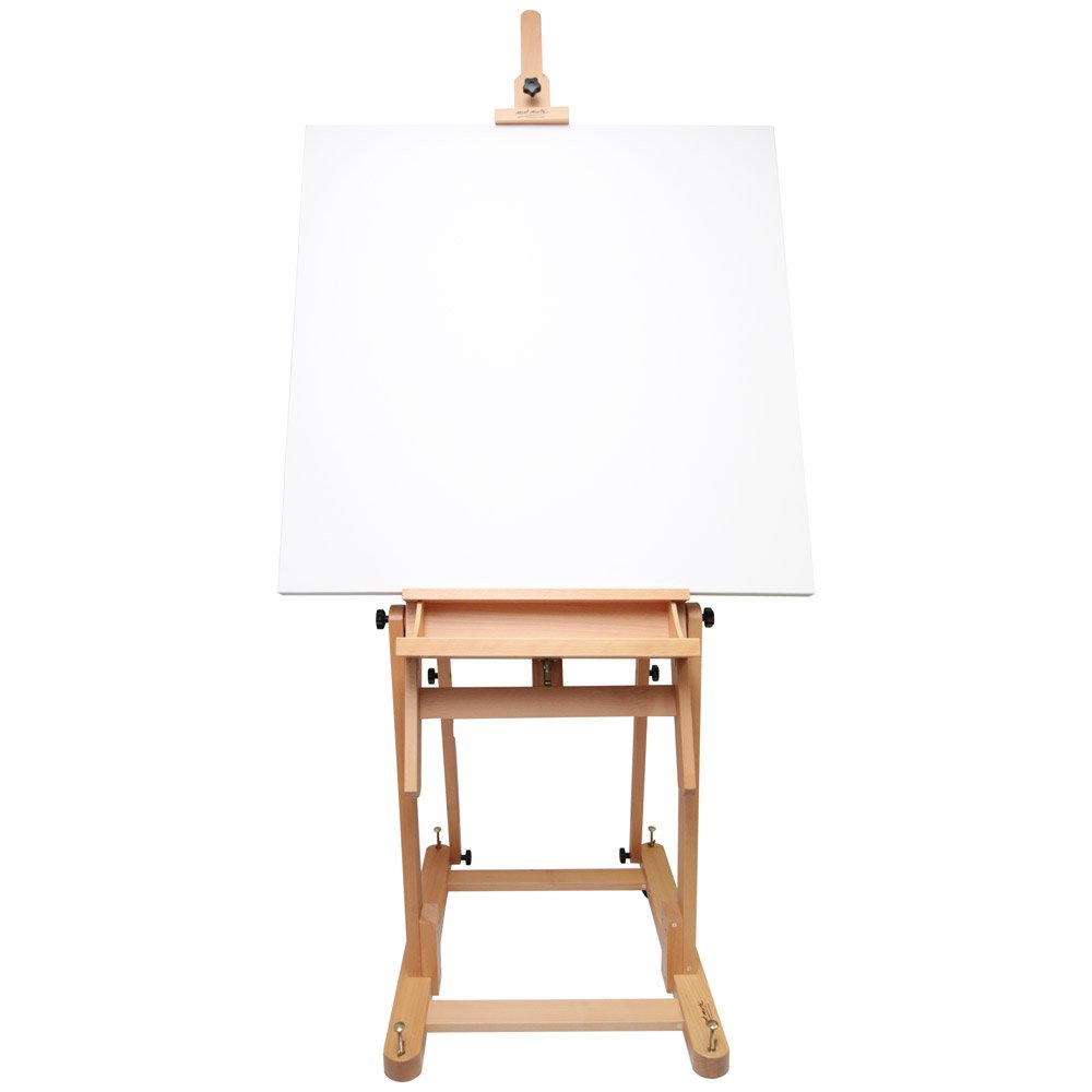 Mont Marte Tilting Studio Wooden Floor Easel. Height Adjustable Extra Large H-Frame Featuring a Large Tilt Range. Castor Wheels Allow Easy Movement and Can Be Locked into Place.