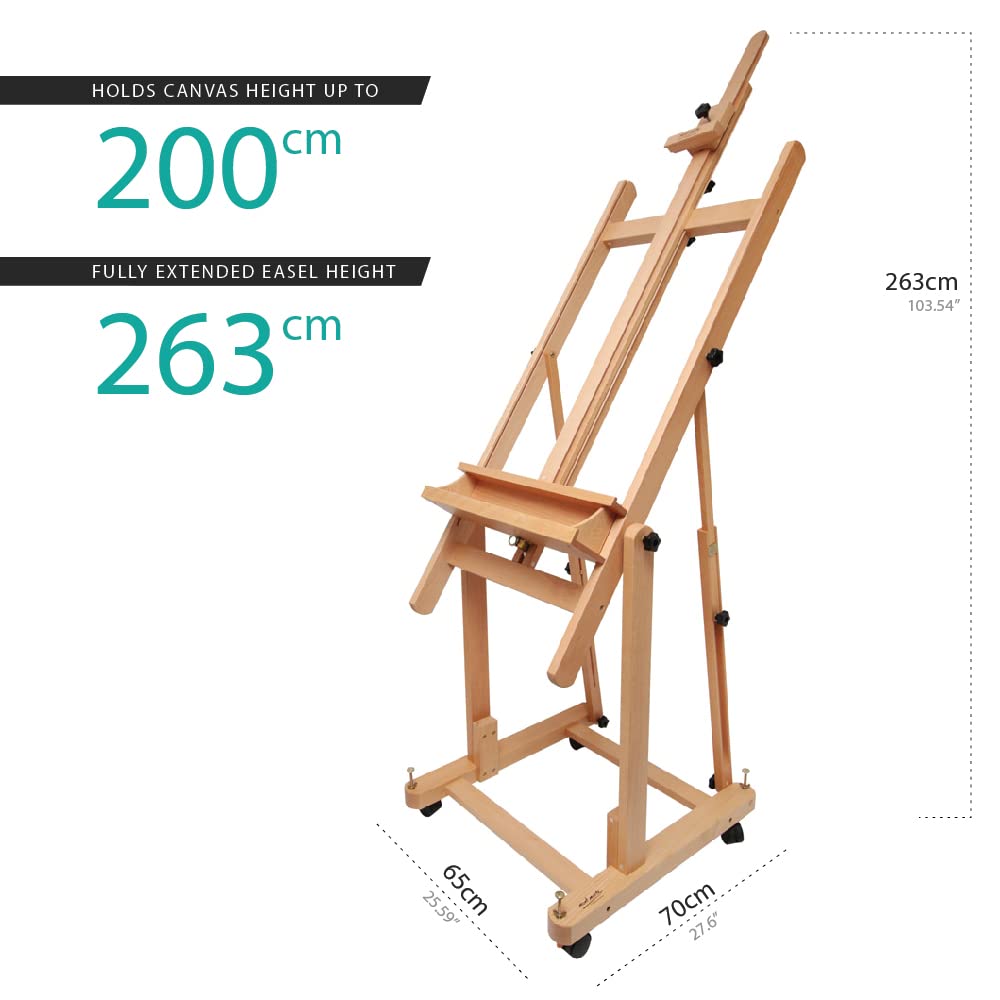 Mont Marte Tilting Studio Wooden Floor Easel. Height Adjustable Extra Large H-Frame Featuring a Large Tilt Range. Castor Wheels Allow Easy Movement and Can Be Locked into Place.