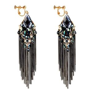 CNCbetter Women Fashion Charms Black Crystal Charms Long Dangle Tassel Screw Back Clip On Earring