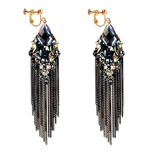 CNCbetter Women Fashion Charms Black Crystal Charms Long Dangle Tassel Screw Back Clip On Earring