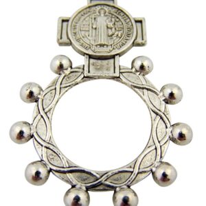 Silver Tone Saint Benedict Medal One Decade Rosary Ring, One Size