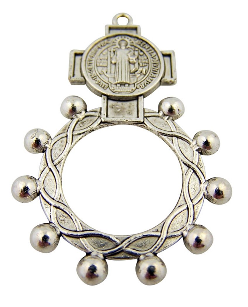 Silver Tone Saint Benedict Medal One Decade Rosary Ring, One Size