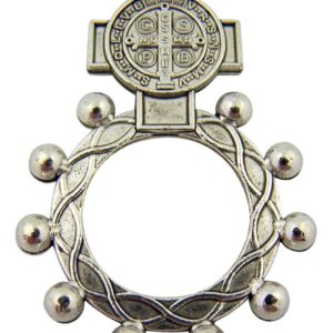 Silver Tone Saint Benedict Medal One Decade Rosary Ring, One Size