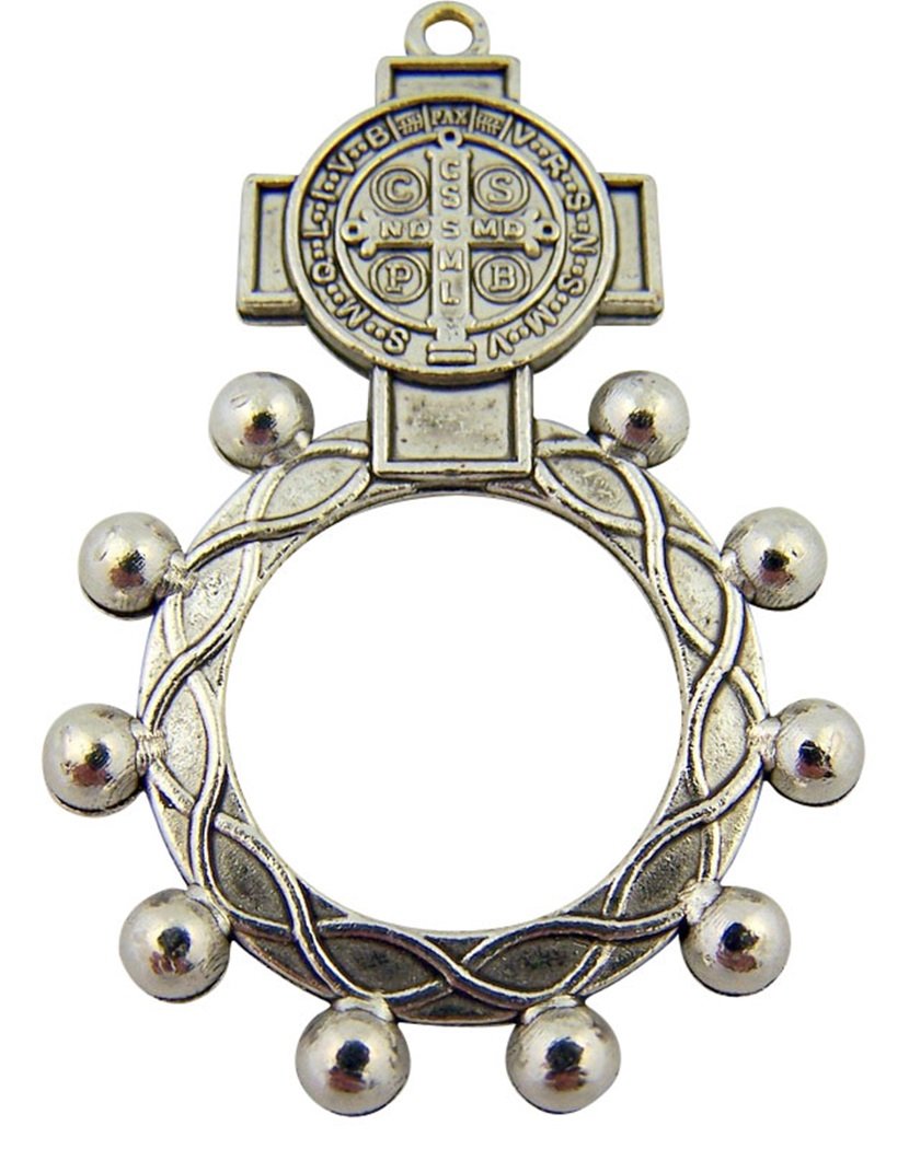 Silver Tone Saint Benedict Medal One Decade Rosary Ring, One Size