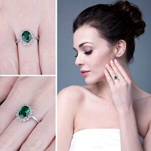 JewelryPalace Princess Diana Kate Middleton Class Gemstone Birthstone Green Emerald Halo Statement Engagement Rings for Women, Anniversary 14K Gold Plated 925 Sterling Silver Promise Rings for Her 7