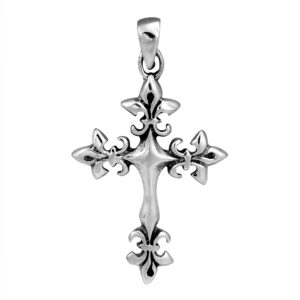 AeraVida Avant Garde Fleur-de-Lis Cross .925 Sterling Silver Pendant