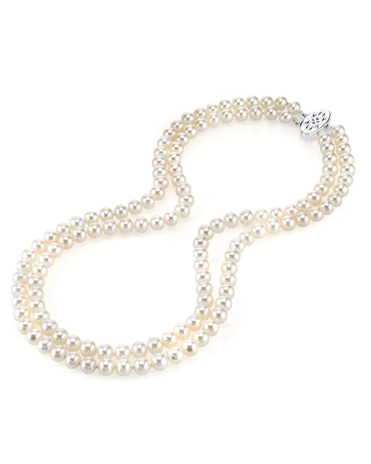 The Pearl Source 6.5-7.0mm AAA Quality Double Strand White Freshwater Cultured Pearl Necklace for Women in 18-19" Princess Length