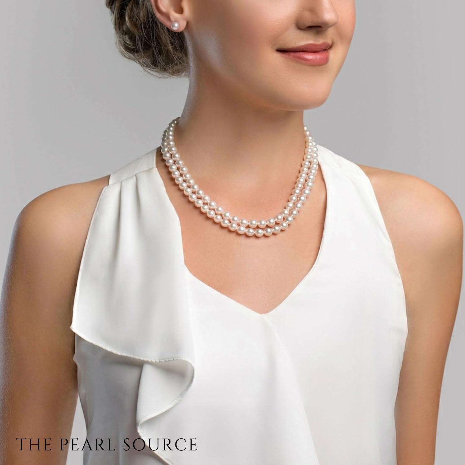 The Pearl Source 6.5-7.0mm AAA Quality Double Strand White Freshwater Cultured Pearl Necklace for Women in 18-19" Princess Length