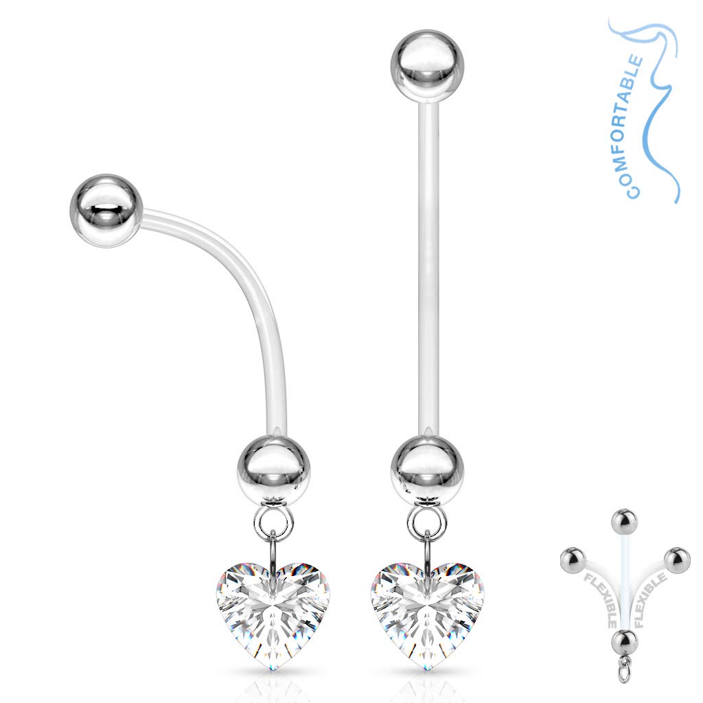 Pierced Owl 14GA Bioflex Dangling CZ Crystal Heart Maternity Pregnancy Belly Button Ring (Clear)