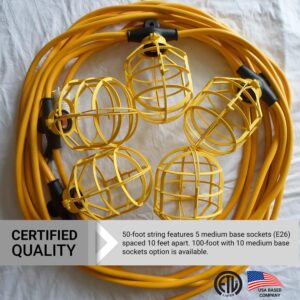 Sunlite Commercial-Grade Cage Light String, 50-Foot, 75 Max Wattage, 5 Medium Base Sockets (E26), Indoor, Outdoor, Construction Lighting, ETL Listed, Yellow