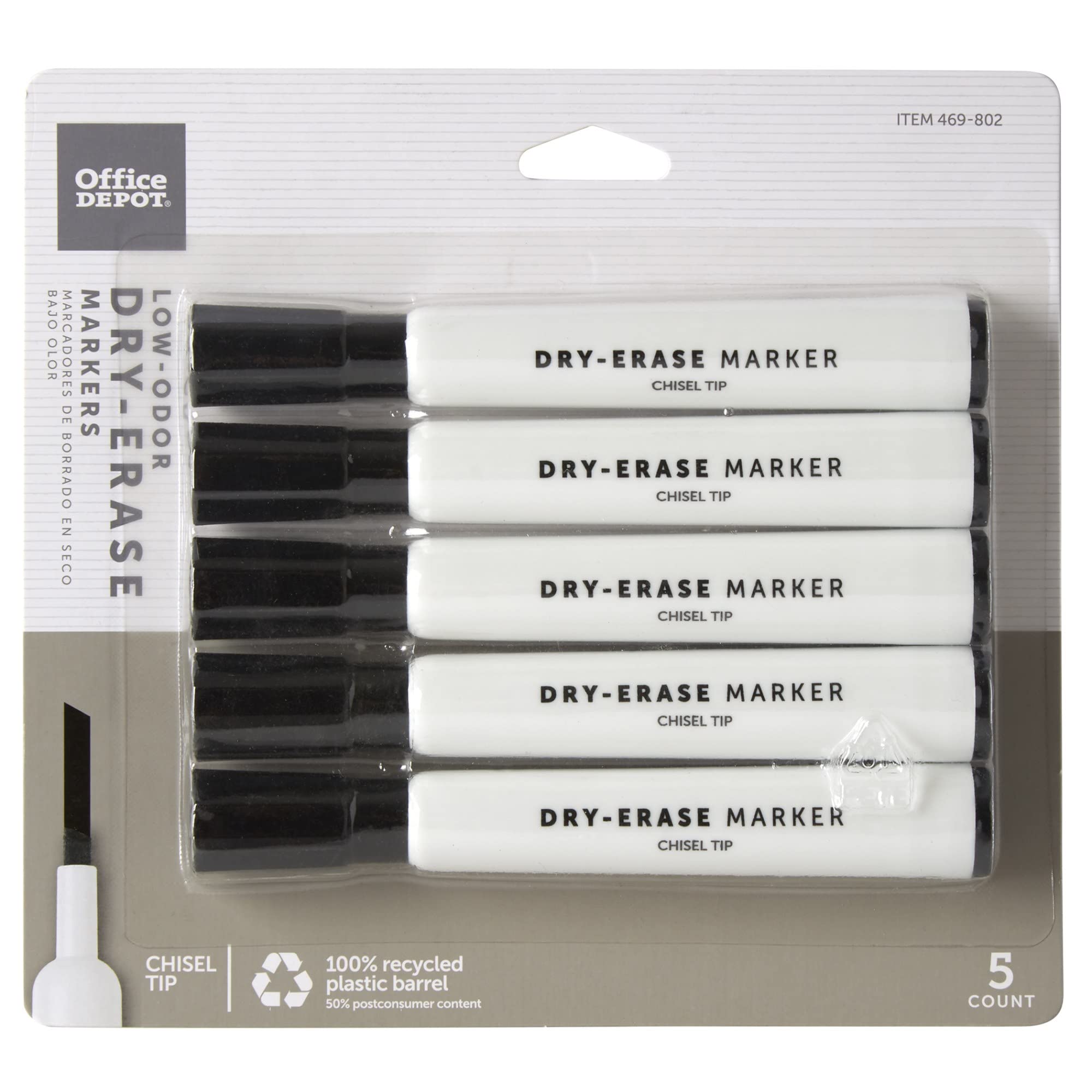 Office Depot 100% Recycled Low-Odor Dry-Erase Markers, Chisel Point, Black, Pack of 4, BY106608-4BK