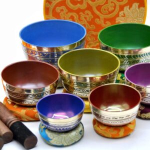 Chakra Healing Tibetan Singing Bowl Set~ Seven Chakra Color with Symbols ~Sizes from 2.5" to 5” for Meditation,Sound Healing, Sound Therapy & Mindfulness ~ Mallets, Cushions & Carrying Case included